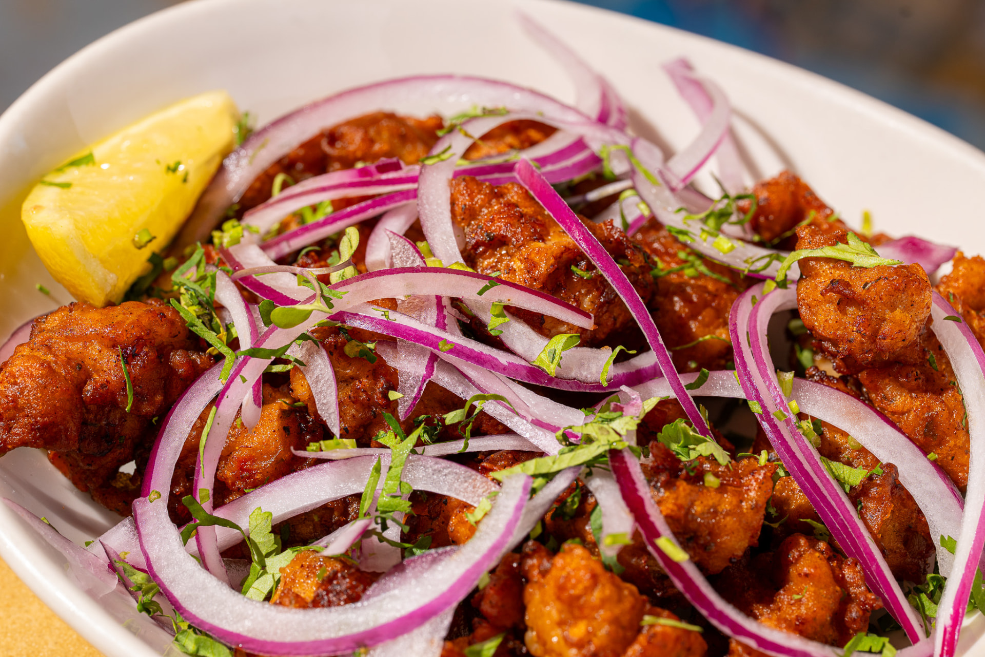 Chicken 69, macro on onion and cilantro