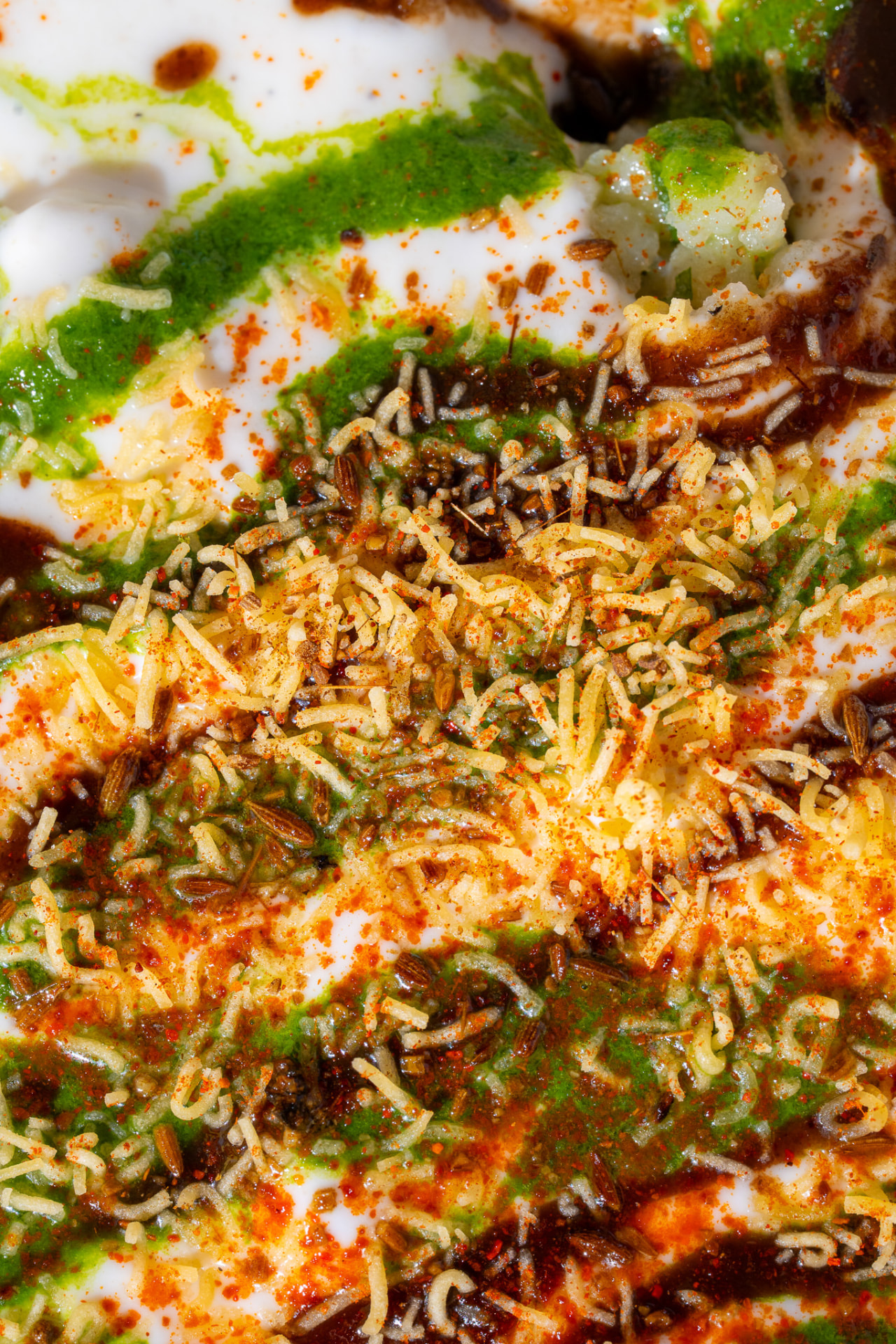 Kachori Chaat, macro on sev, chaat masala and chutneys