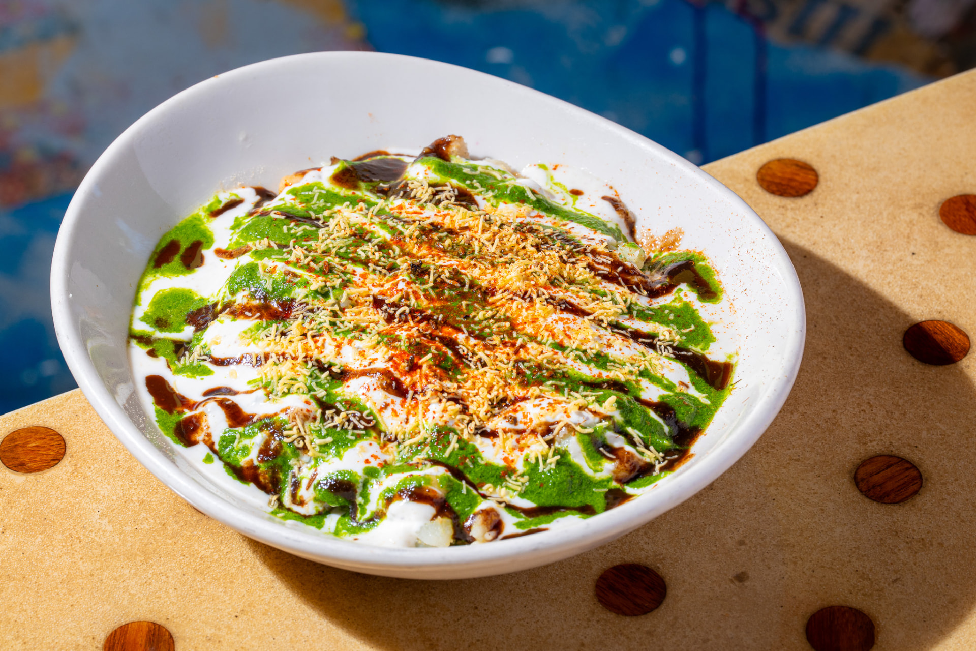 Kachori Chaat bowl, overhead on the counter