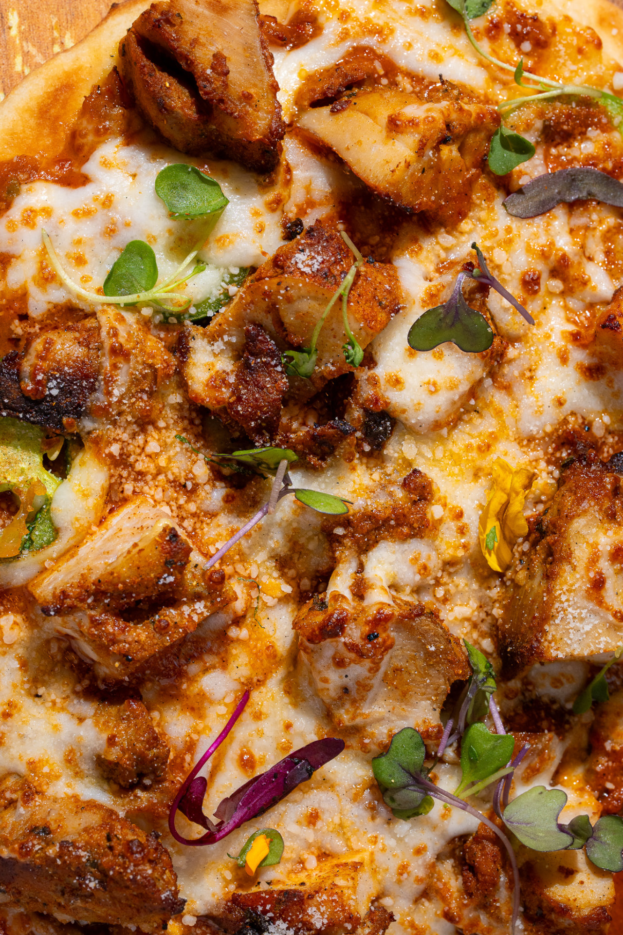 Chicken Naughty Naan, macro on the chicken and cheese