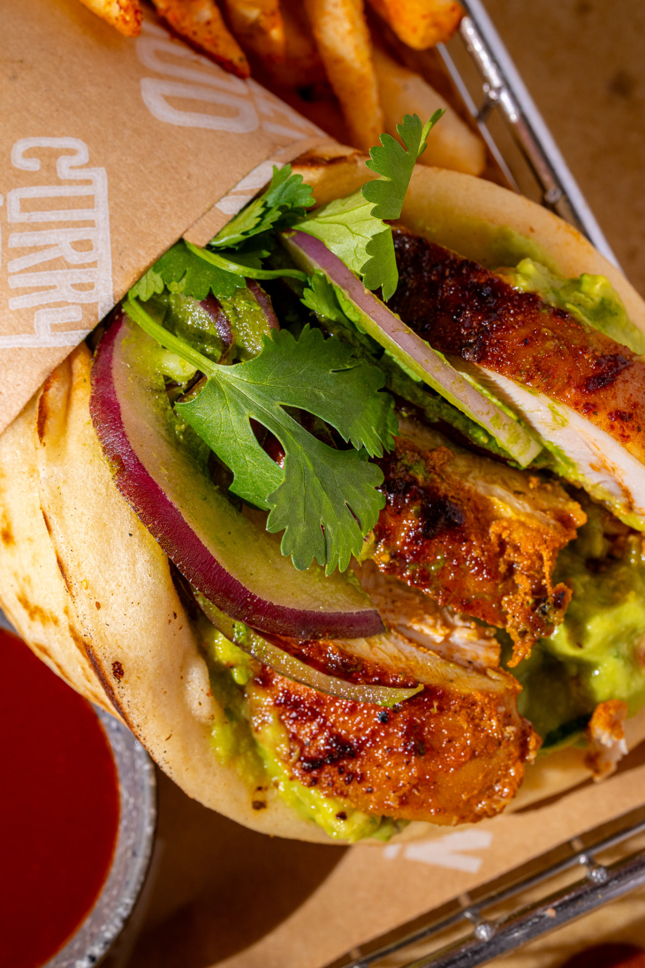 El Jefe, macro on the chicken, guacamole, red onion and cilantro