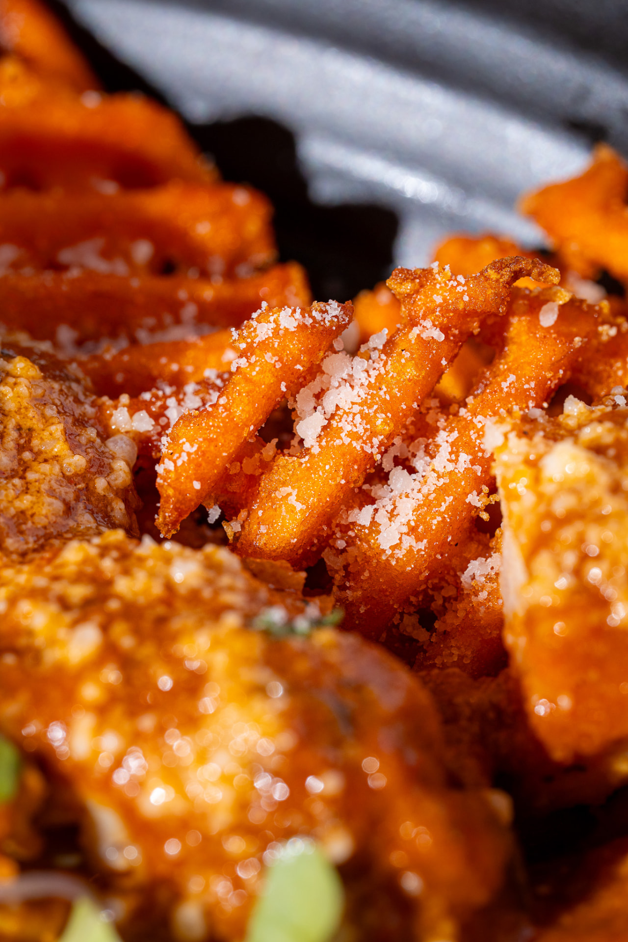 Sexy Fries, macro on the waffle fries and cheese