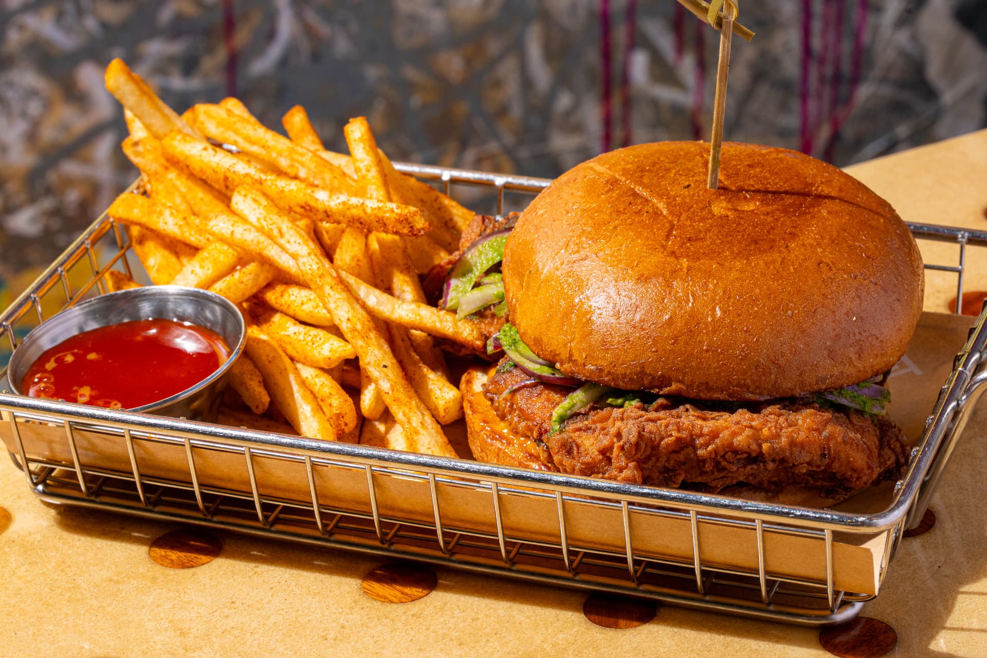 Tandoori chicken sandwich, with peri-peri fries on the side