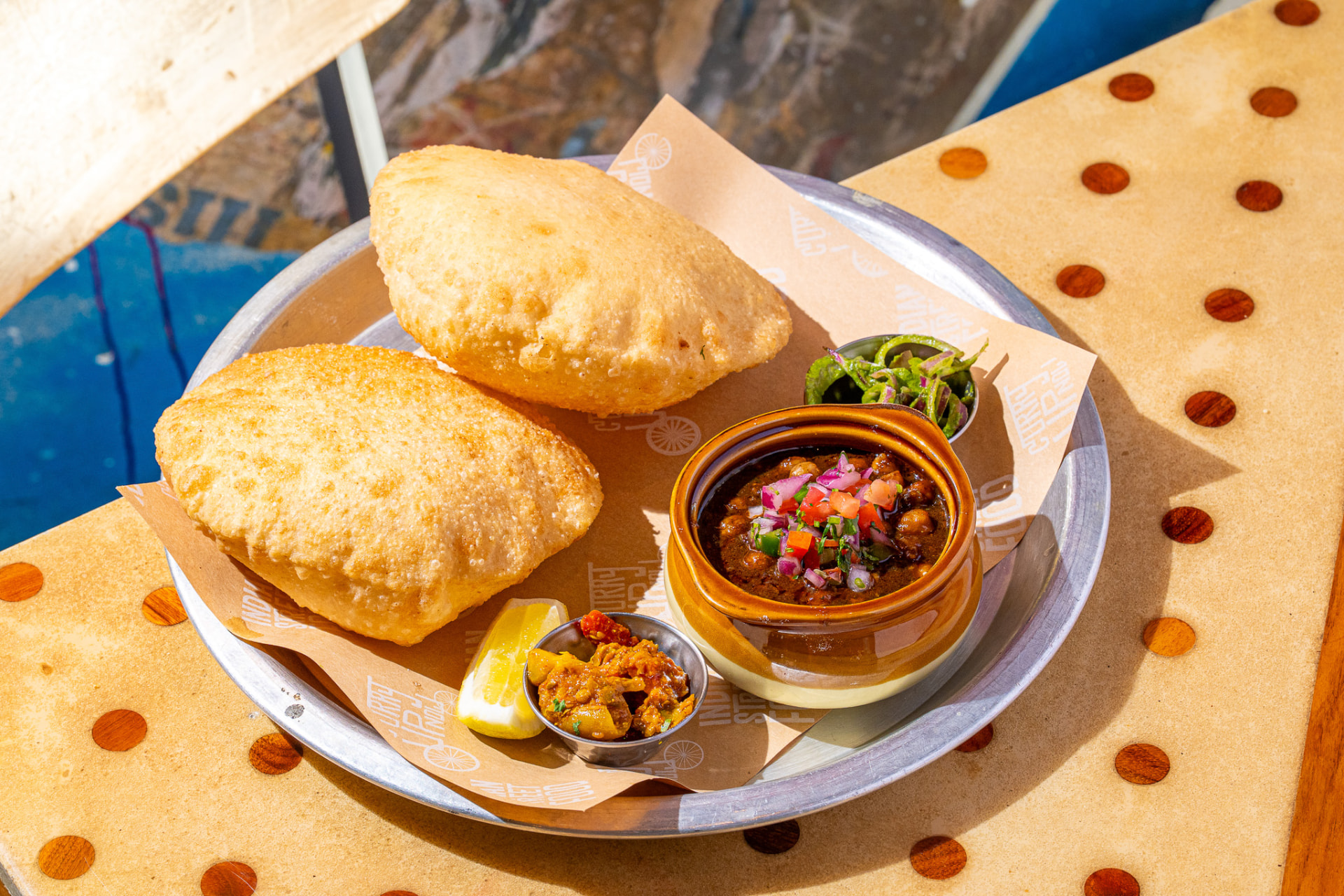 Chole bhature, overhead on the full tray