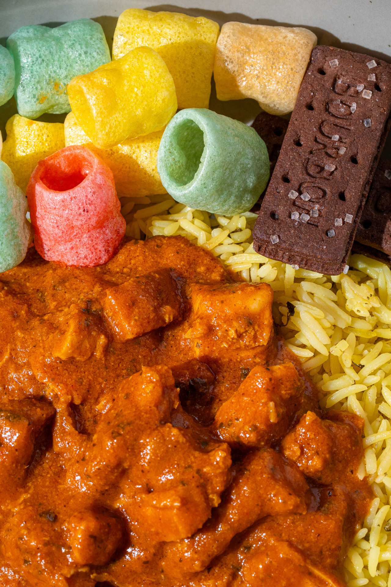 Kids tikka masala bowl, macro on the protein and fryums