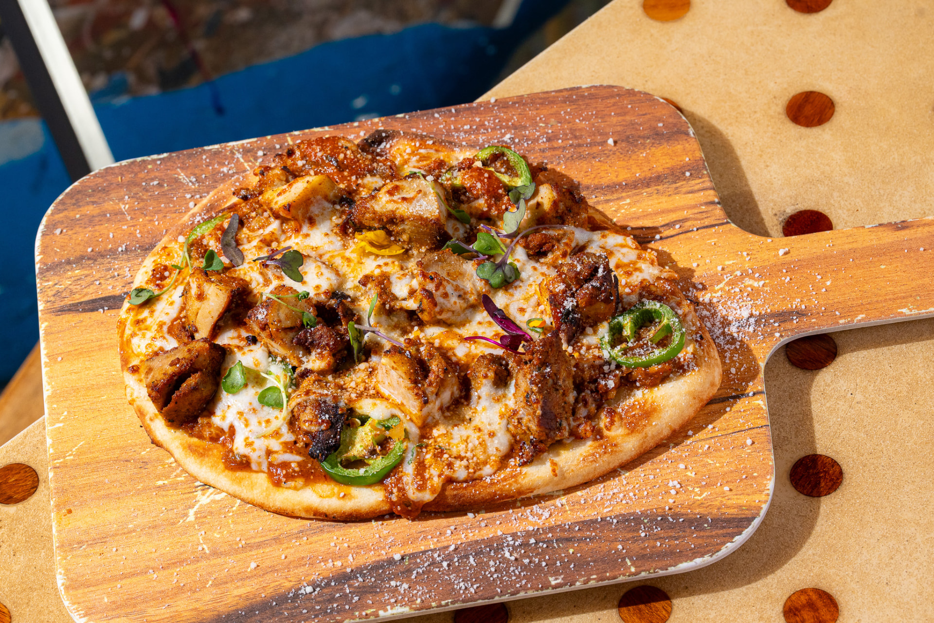 Chicken Naughty Naan on the board, overhead