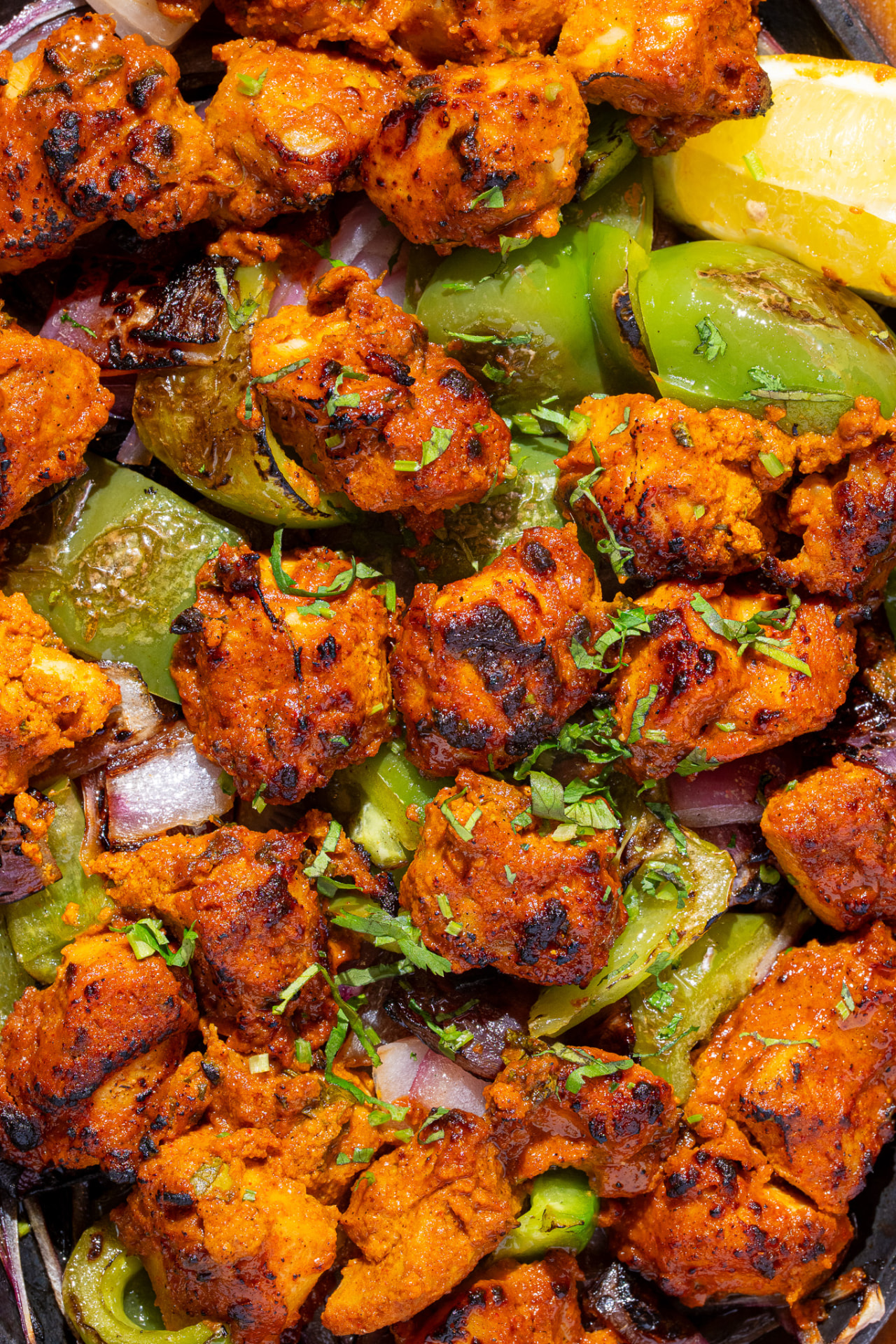 Sizzlin Kabab, macro on the charred protein and peppers