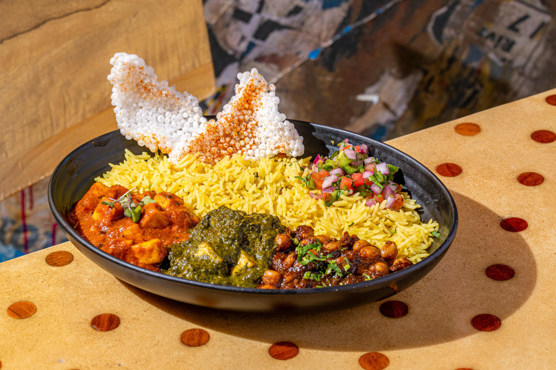 Punjabi by Nature bowl: tikka masala, saag, chana, rice, pico, sago papad