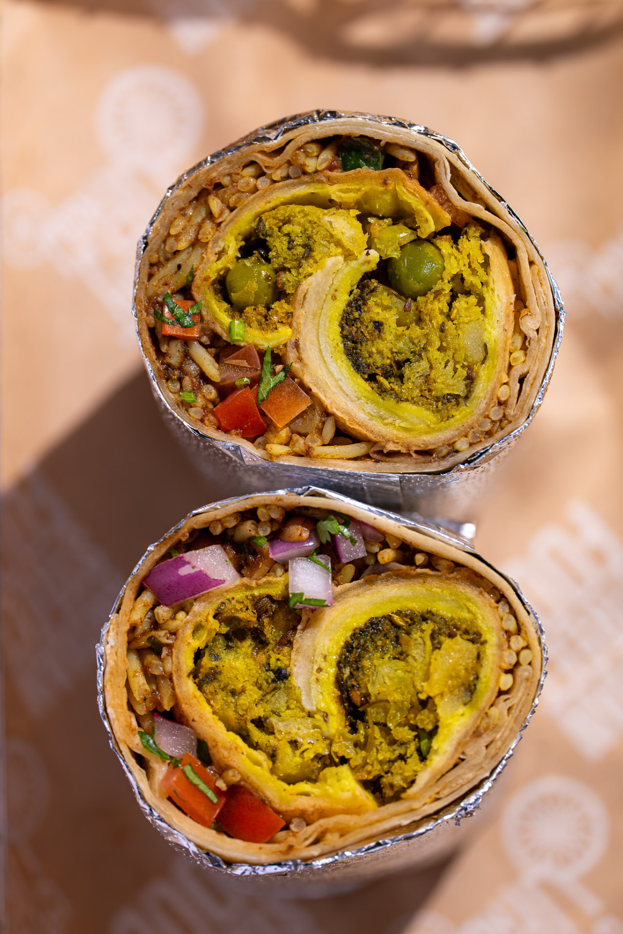 Hella Vegan burrito, both halves overhead