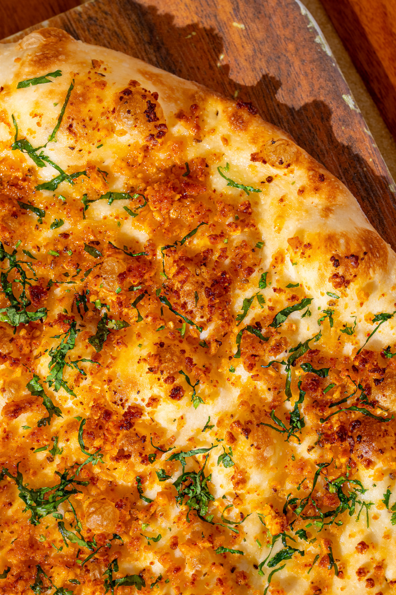Burnt chili garlic naan, close up