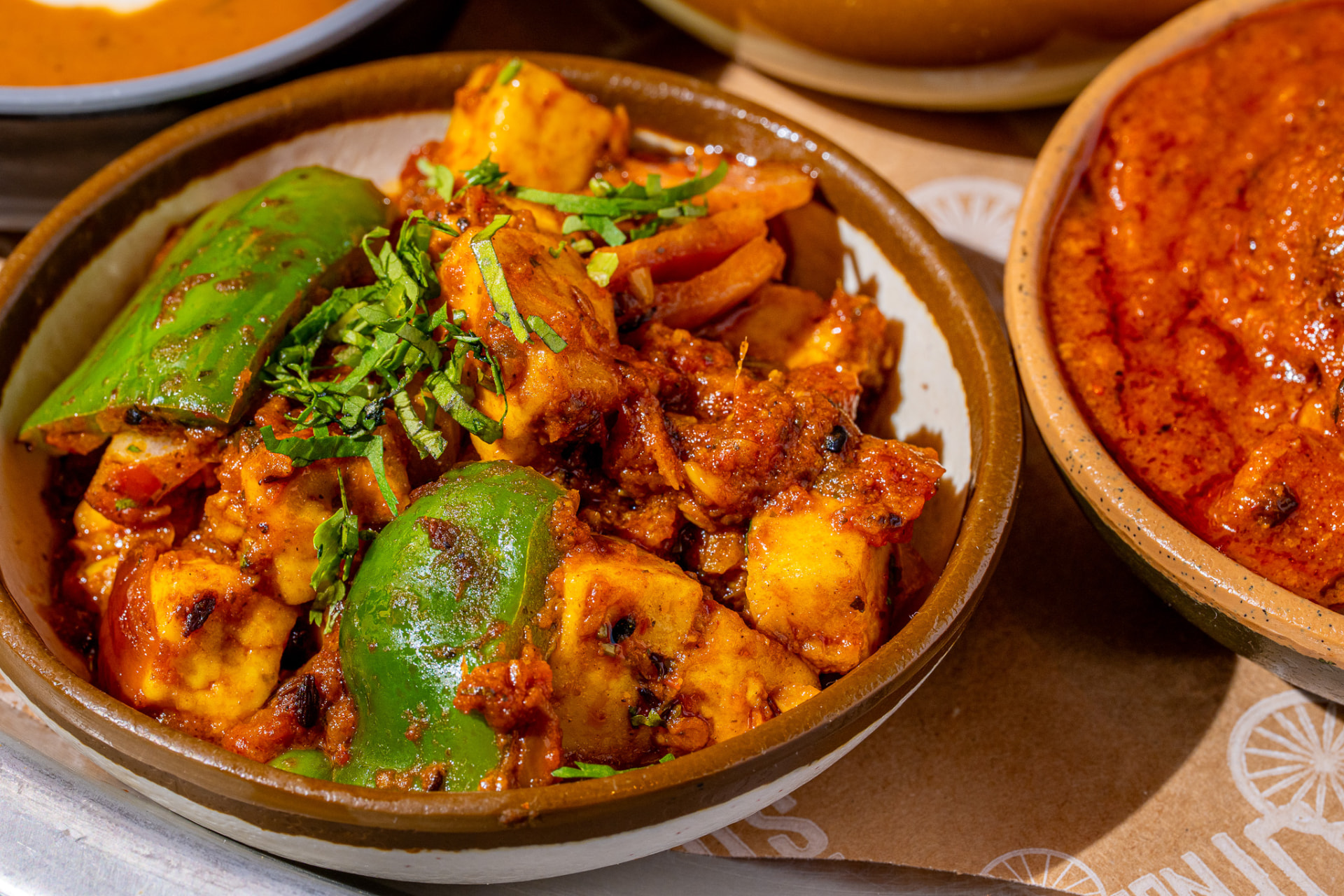 Thali: paneer with peppers and onions, close up