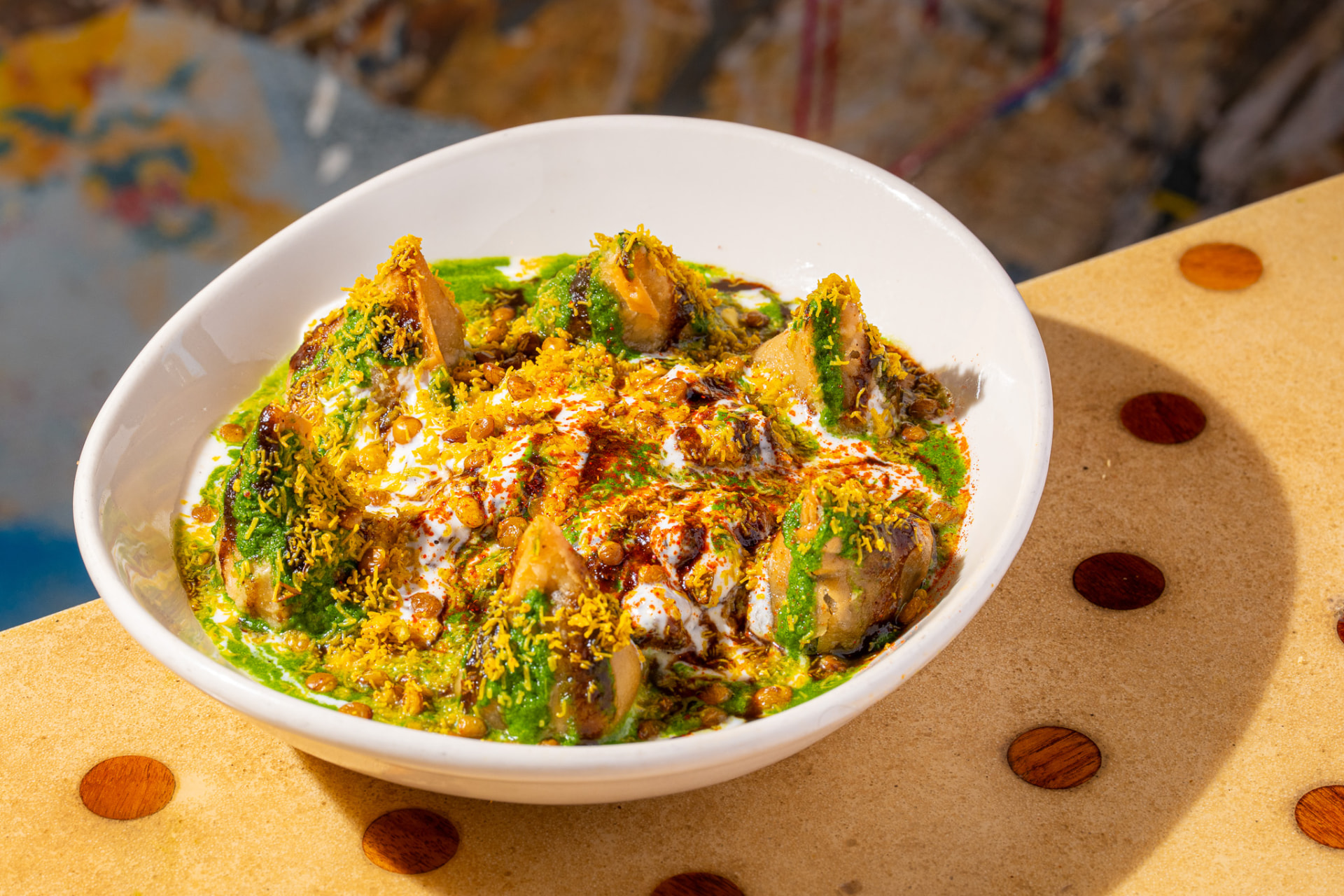 Samosa Chaat bowl, wide angle