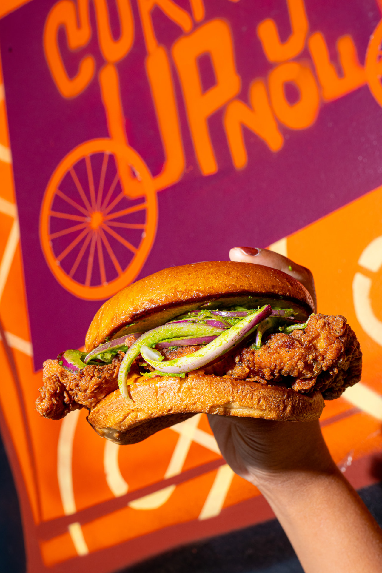 Tandoori chicken sandwich, macro on the slaw and onion