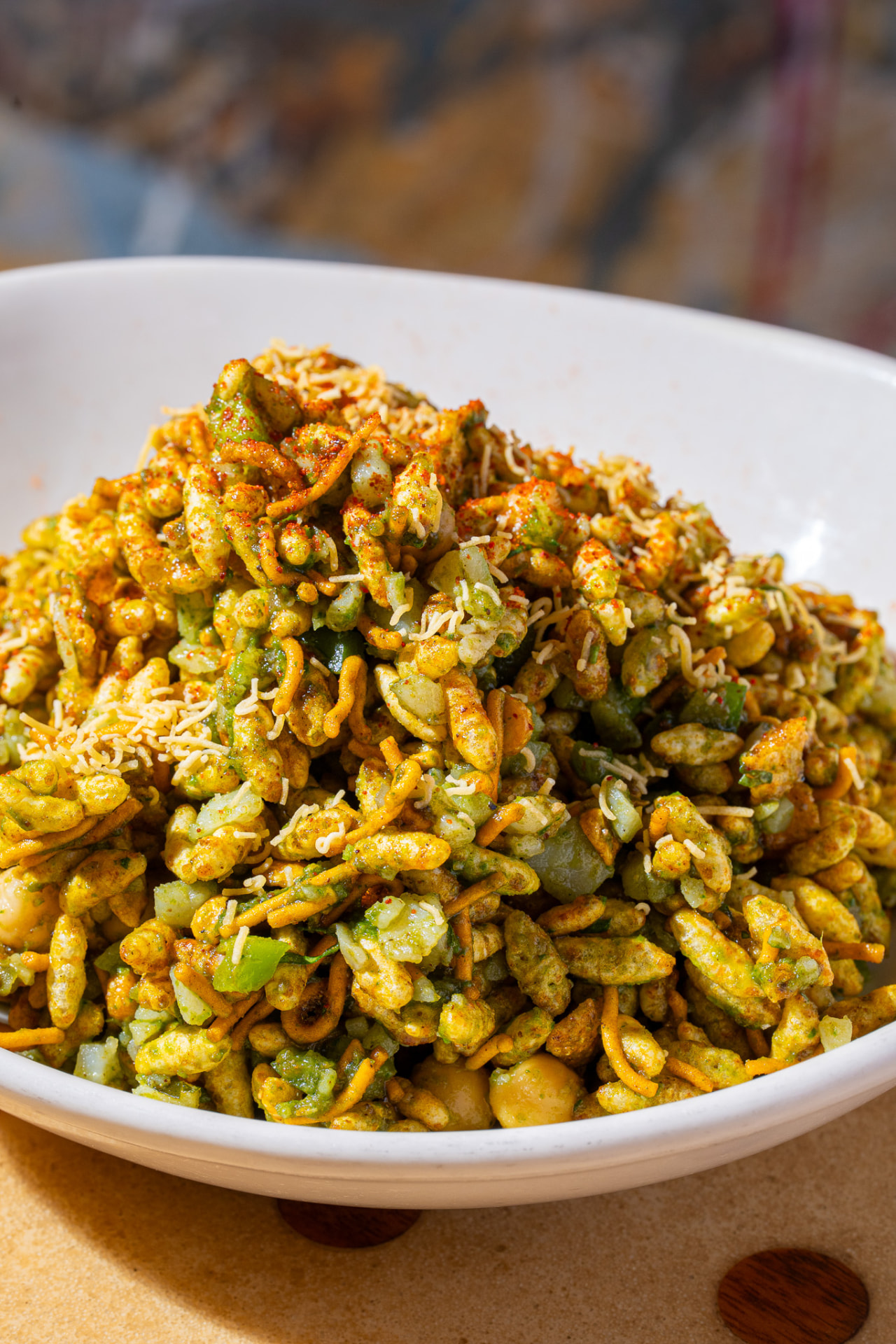 Bhel Puri, close up on the sev and chutney