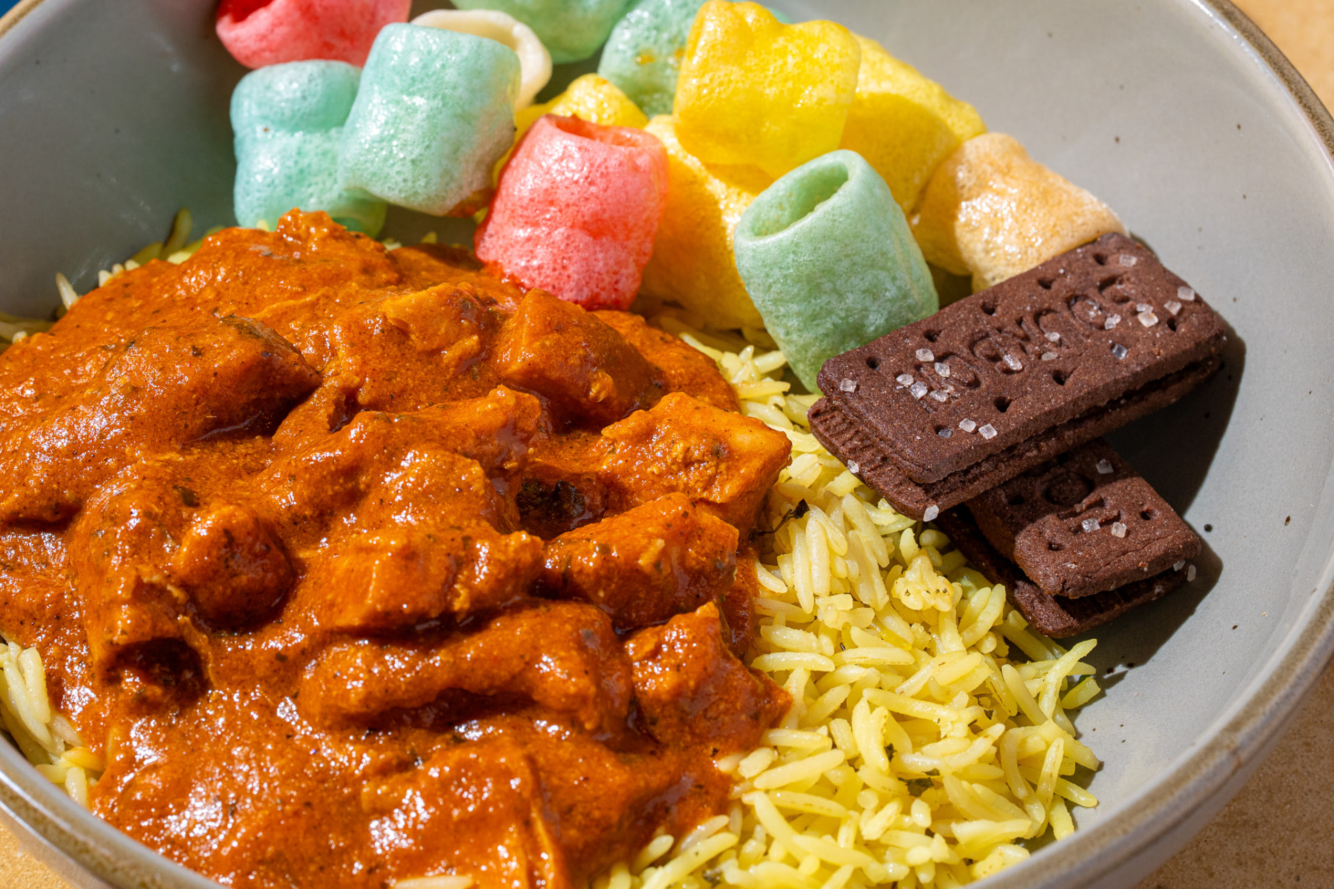Kids tikka masala bowl, close up