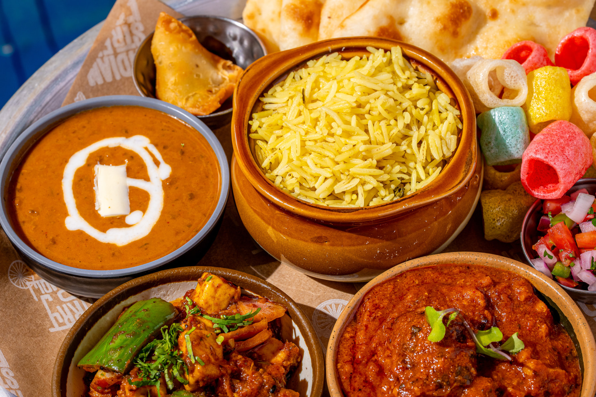 Thali platter, angled on the daal, rice and curries